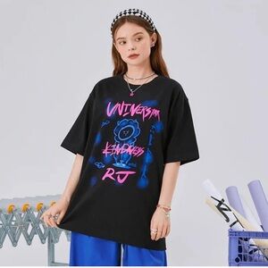 Line Friends BT21 RJ Utopia Short Sleeve T-Shirt Black w/Blue and Pink Graphic